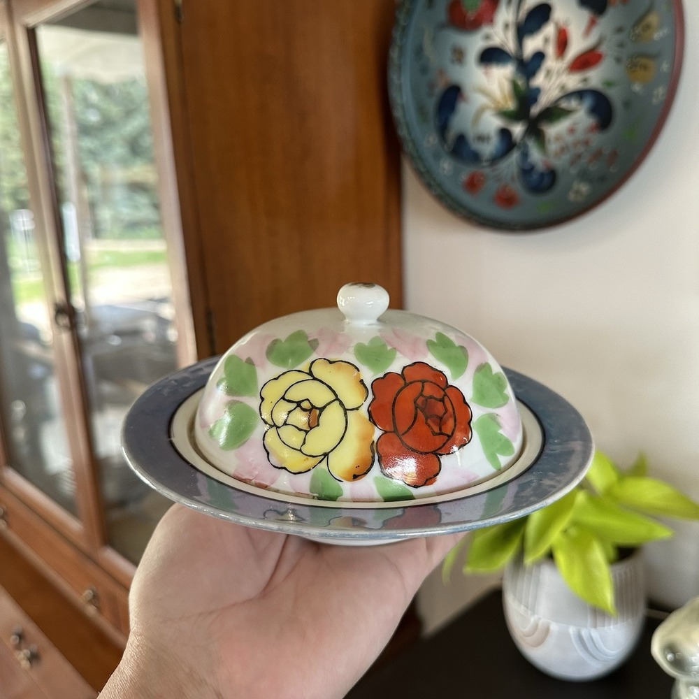 VTG Hand Painted Porcelain Floral Butter Cheese Dish Opalescent Japan 7" Cottage